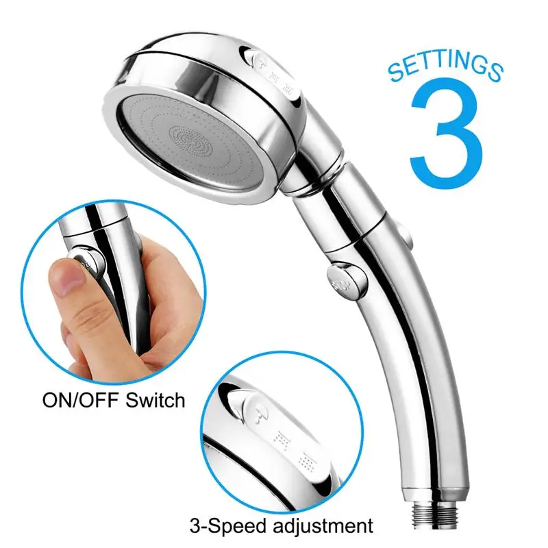 

360 Degrees Rotating Adjustable Water Saving Shower Head Three Mode Water Pressure Boost With Water Control Button