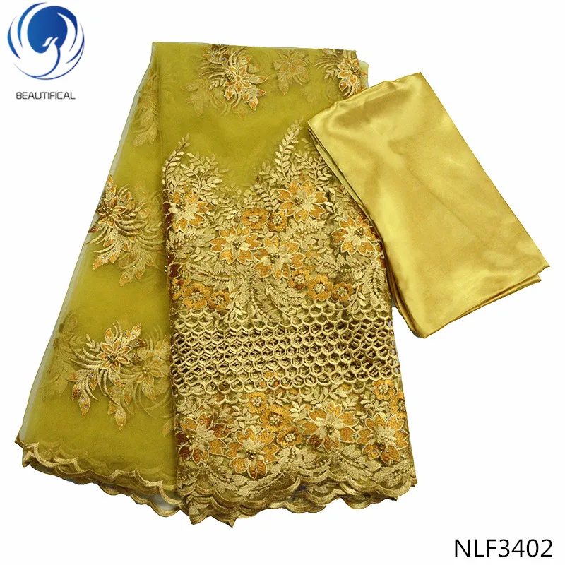 

BEAUTIFICAL nigeria lace fabric african satin fabrics high quality tulle lace fabric for party clothes set 5+3yards/lot NLF34