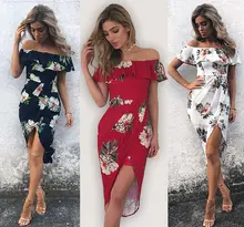2017 off shoulder Fashion high waist chiffon Women Summer Boho Floral Flower Beach party Bandage Bodyco Evening Long Maxi Dress