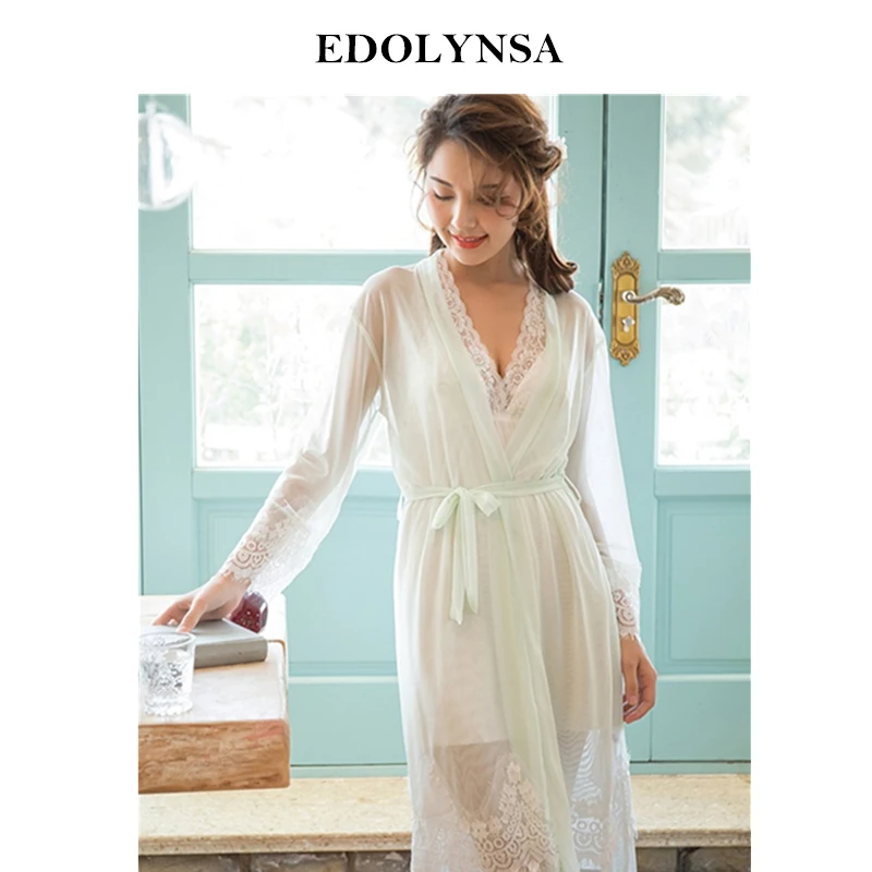 

Two Pieces Sleepwear Women Night Wear Home Robe Gown Set Transparent Silk Robe Kimono Negligee Lace Nightie Peignoir Set H793