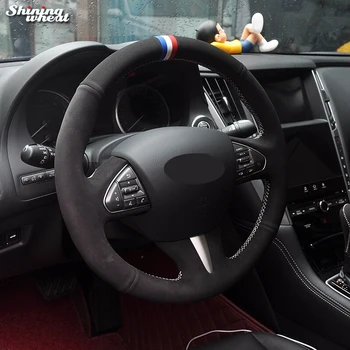 

Hand Sew Black Suede Blue White Red Marker Car Steering Wheel Cover for Infiniti Q50 2014 2015 QX50 2015