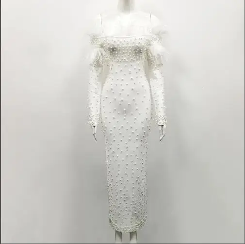 Slash шеи белое Бандажное платье высокого качества модные сексуальные перья с длинным рукавом Ночной клуб бисером вечерняя одежда для вечеринок - Цвет: Белый