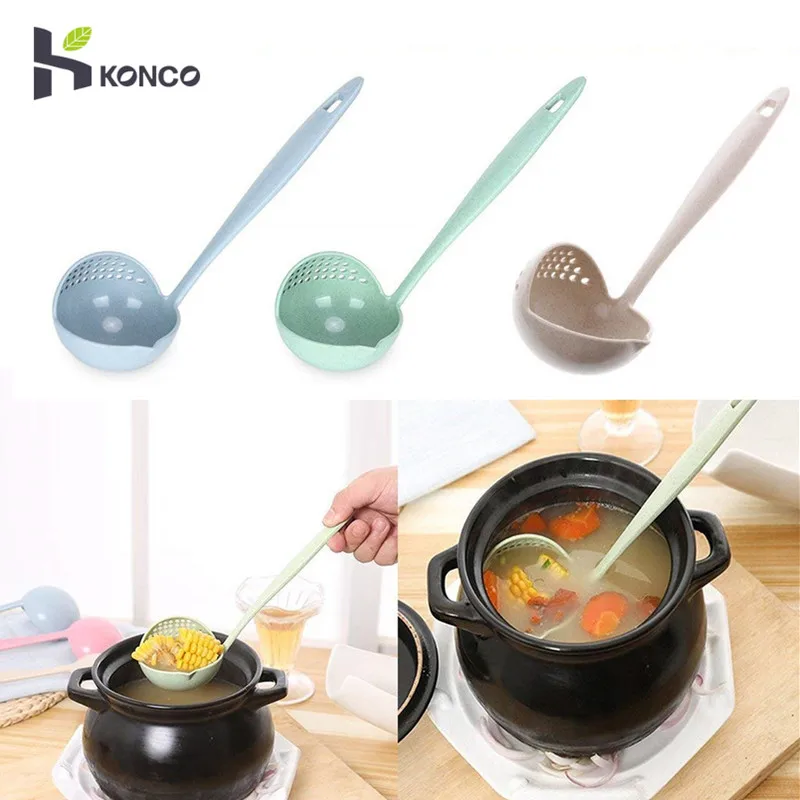 

KONCO 2 in 1 Wheat Straw Soup Spoon Colander Spoon, Eco-Friendly Ladle Colander with Filter Flatware Kitchen Gadget Cooking Tool