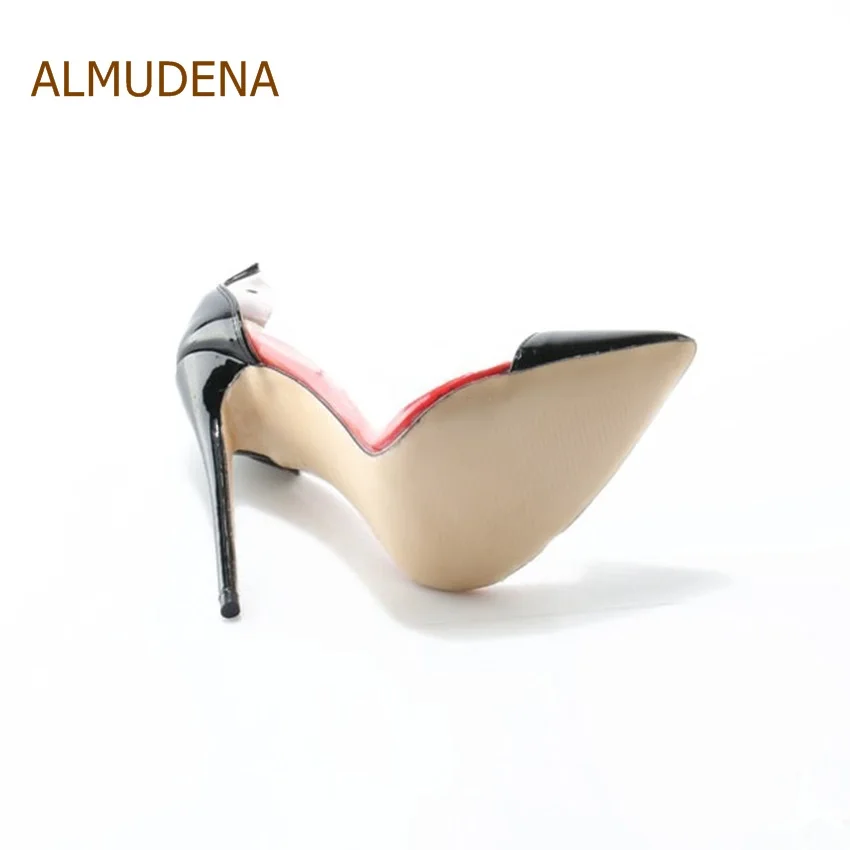 ALMUDENA/Настоящая фотография; стоимость; туфли-лодочки на каблуке-шпильке; Черная лакированная кожа; прозрачный ПВХ; Лоскутные модельные туфли; туфли-лодочки с острым носком