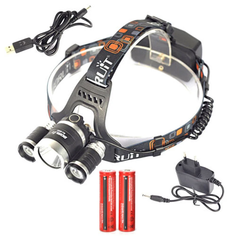

Boruit 6000LM 3x XM-L T6 LED Stirnlampe Kopflampe Licht 2x18650 USB EU Ladegerat