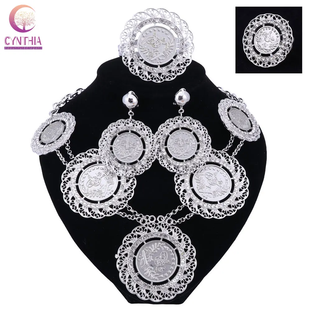 Italian Dubai Abaya Long Jewelry Sets silver plated Coins Women African Gold color Crystal Wedding Costume Necklace Earrings Set