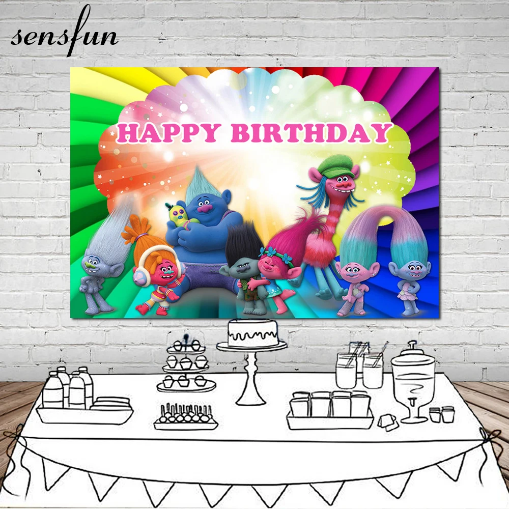 Sensfun тролли День рождения фон для детей радиальный красочными полосками Десерт Таблица Фоны для фотостудии 7x5FT винил