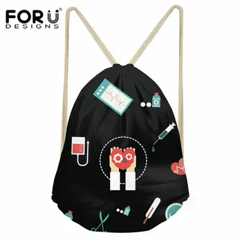 

FORUDESIGNS Nurse Black Pattern Women Casual Drawstring Bag Fashion Polyster Small Backpack Sack Girls Daily Use Cinch Bags 2020