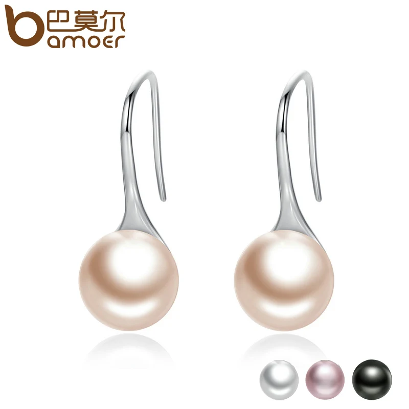 

BAMOER 925 Sterling Silver 4 Color Round Imitation Pearl Drop Earrings Women Sterling Silver Jewelry Oorbellen Brincos SCE146