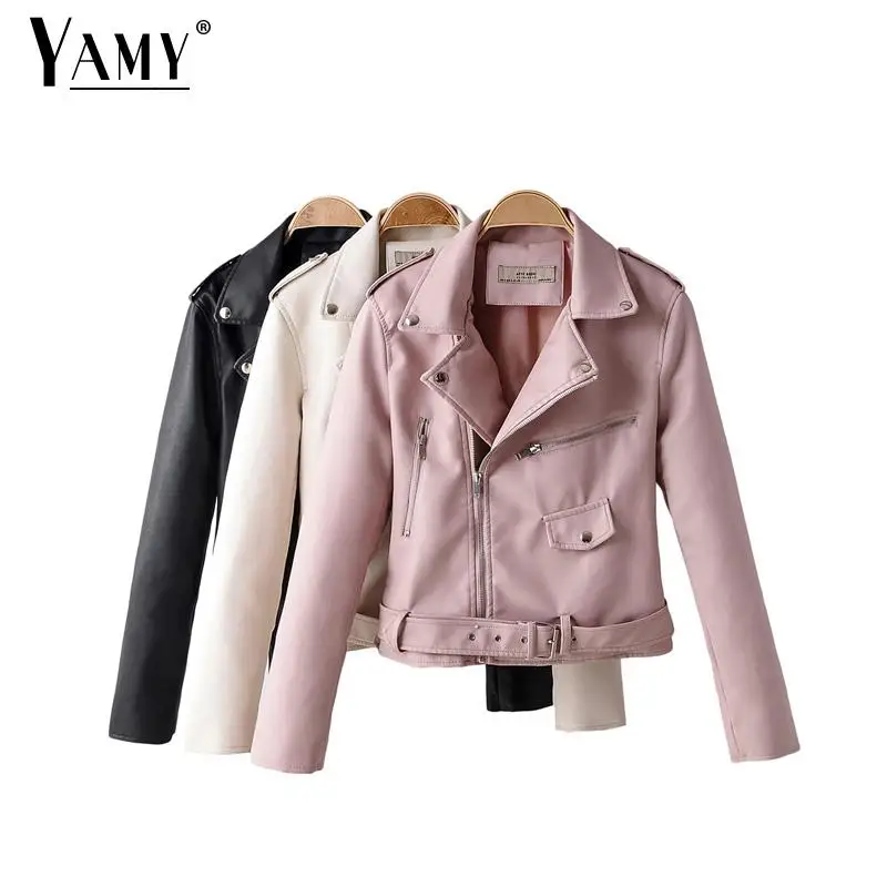 Pink leather jacket women sashes long sleeve zipper black biker jacket turn down collar coat streetwear womens clothes fall 2019