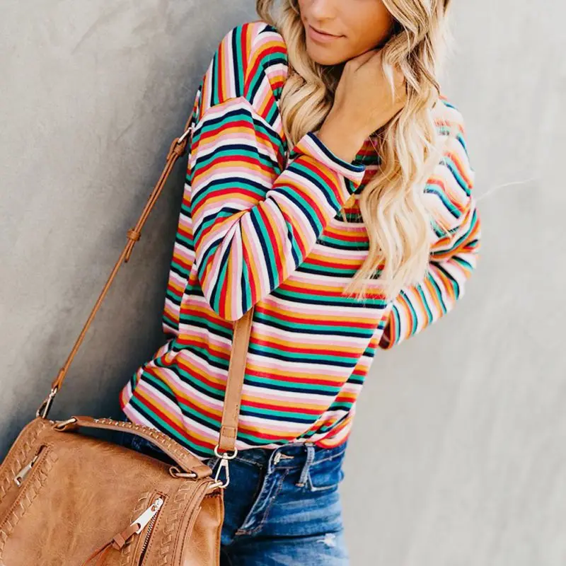 

Rainbow Striped Christmas Shirts Women Graphic Tees Korean Clothes Streetwear Long Sleeve Shirt Women Plus Size Clothing