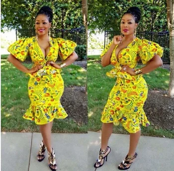 

Versatile bubble-sleeve women's dress with yellow print skirt set with two H9289 Fashion ladies dress fashion dress