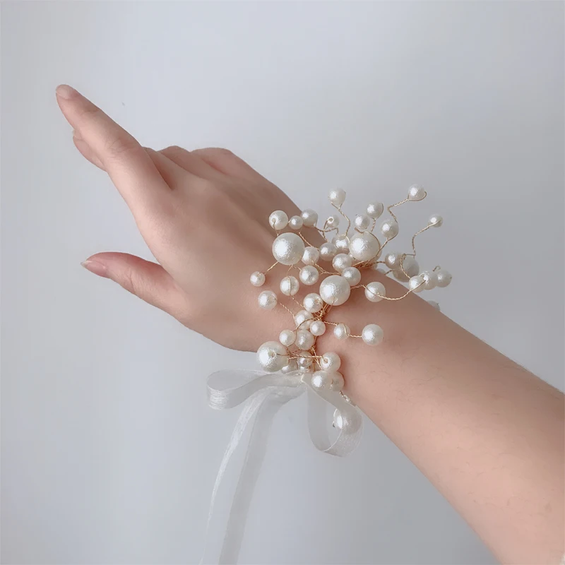

Rosebridalpark Fashion Gold Pearl Beaded Charm Bracelet Handmade Ribbon Bangle For Women Bridal Wedding Party Jewelry