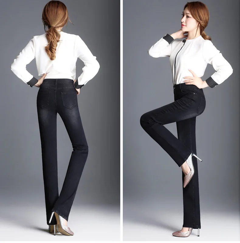 Брендовые женские джинсы прямые длинные Ретро Черные Серые с высокой талией прочные потертые джинсы женские эластичные плотные брюки для осени и зимы