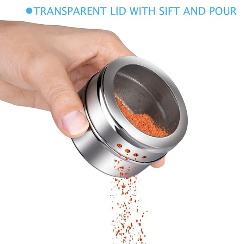 

10pcs/set Clear Lid Magnetic Spice Tin Jar Stainless Steel Spice Sauce Storage Container Jars Kitchen Condiment Holder Household