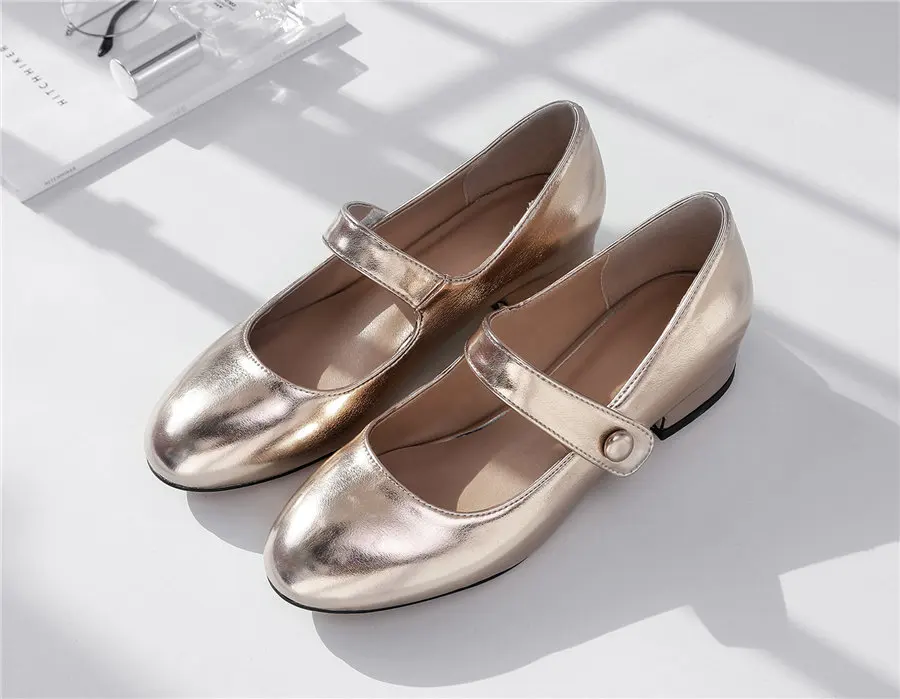 Сладкий серебро золото металлическое PU Мэри Джейн низкий квадратный каблук женские туфли-лодочки с круглым носком Повседневное Свадебная вечеринка дамы липучке туфли Лолиты