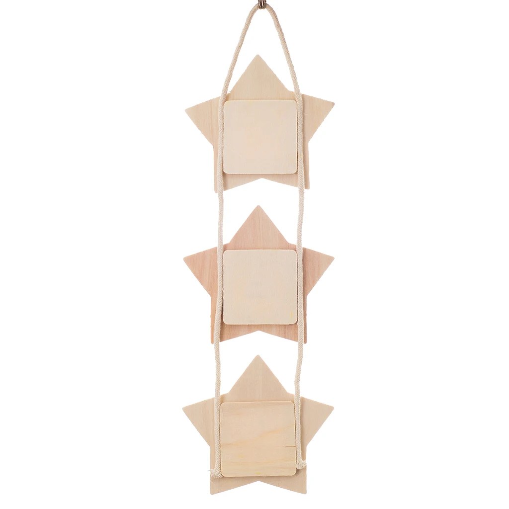 Wood RUSTIC Hanging Triple Wooden Photo Frame Star Shape Kids Craft