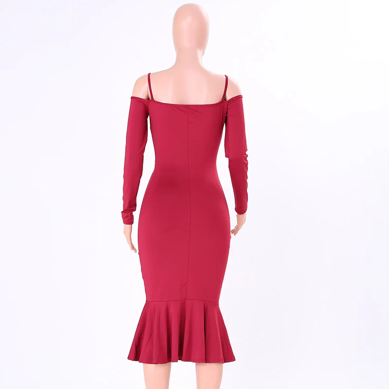 Kostlich Spaghetti Strap Long Sleeve Ruffles Mermaid Party Dresses Slash neck Bodycon Sexy Women Midi Dress 6 Colors Clothing (17)