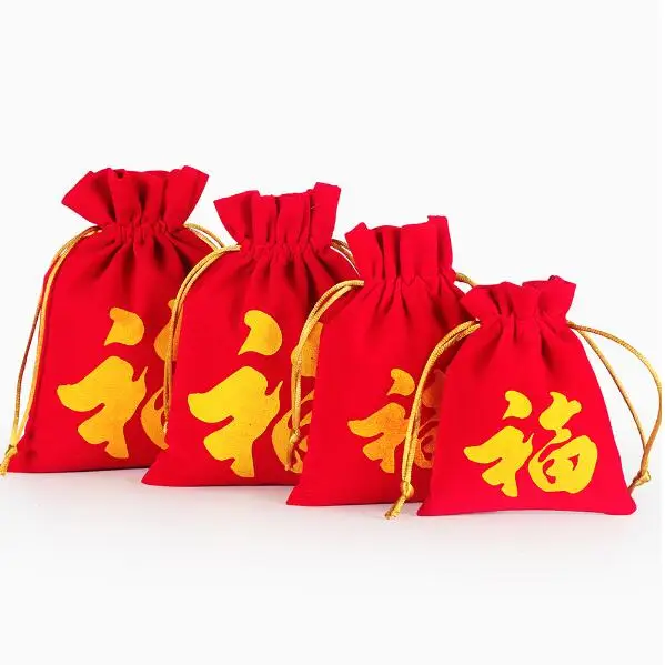 10 шт./лот/партия, оптовая продажа, красные бархатные мешочки с принтом в виде букв «ФУ» для новогоднего подарка