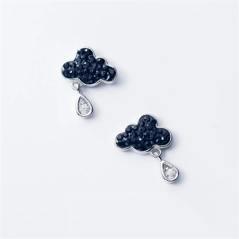 

100% S925 Sterling Silver Cloud Story Cute Earrings Black/Blue/Clear Crystal inlay Ear Jewelry for Women Girls Kids G1286