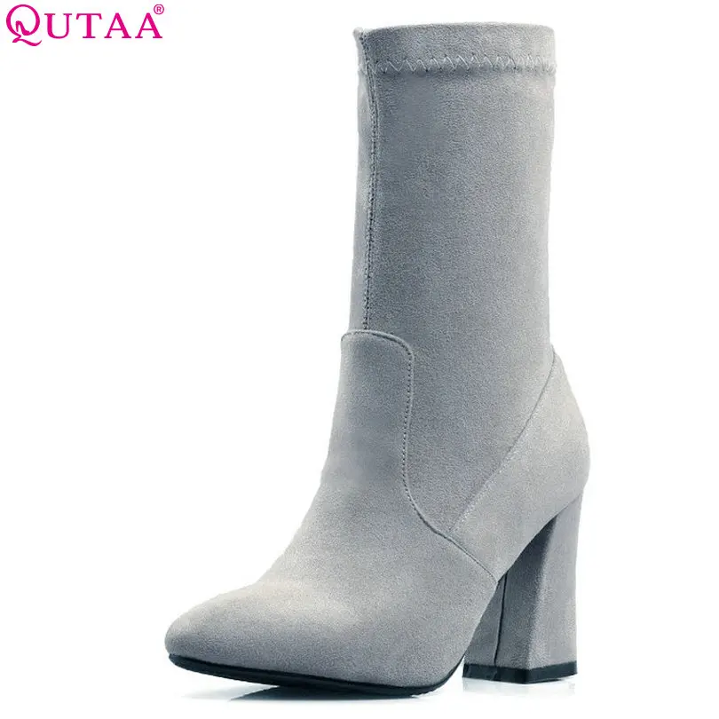 

QUTAA 2018 Women Mid Calf Boots Slip on Pointed Toe Hoof Heels Kid Suede Rubber Soild Winter Women Mid Calf Boots Size 34-43