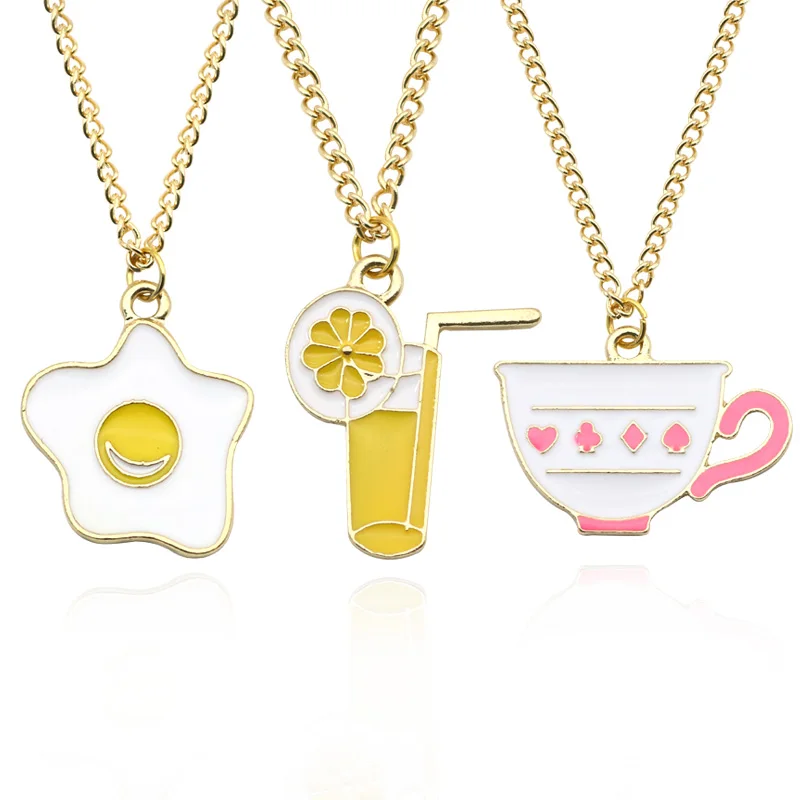 

Fashion Enamel Drip Poached Egg Cup Lemon Juice Foods Series Pendant&Necklace Cute Kawaii Gold Chain Necklace Creative Jewelry