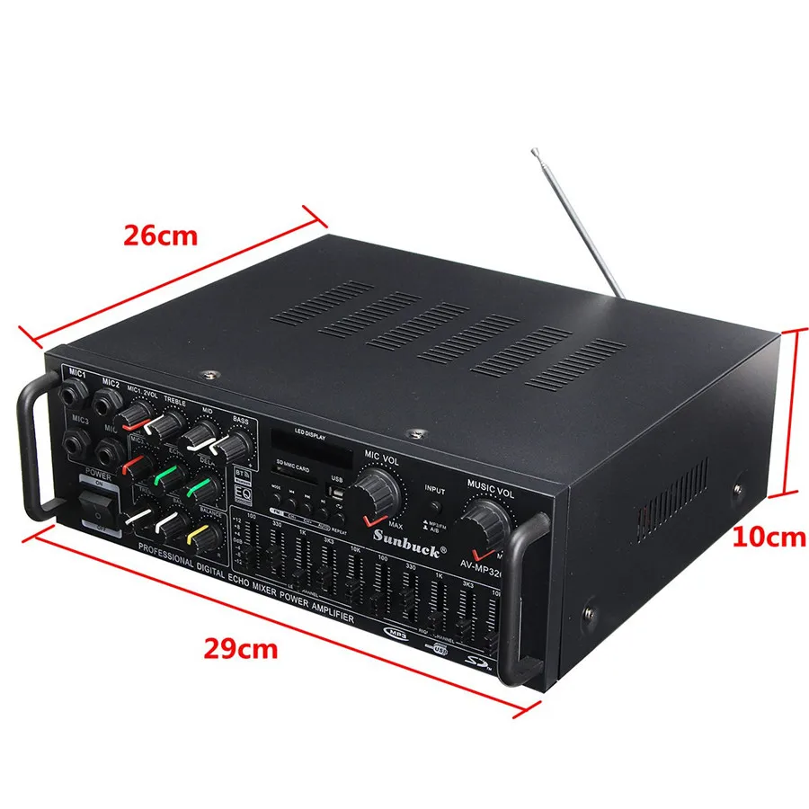 Усилитель мощности аудио Bluetooth 2 0 канала 1200 Вт Hi Fi 326BT 12 В/220 В AV Amp динамик с пультом
