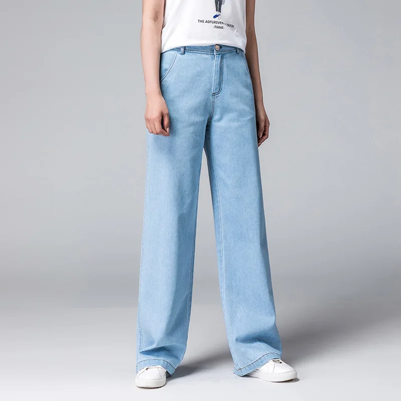 blue denim wide leg jeans