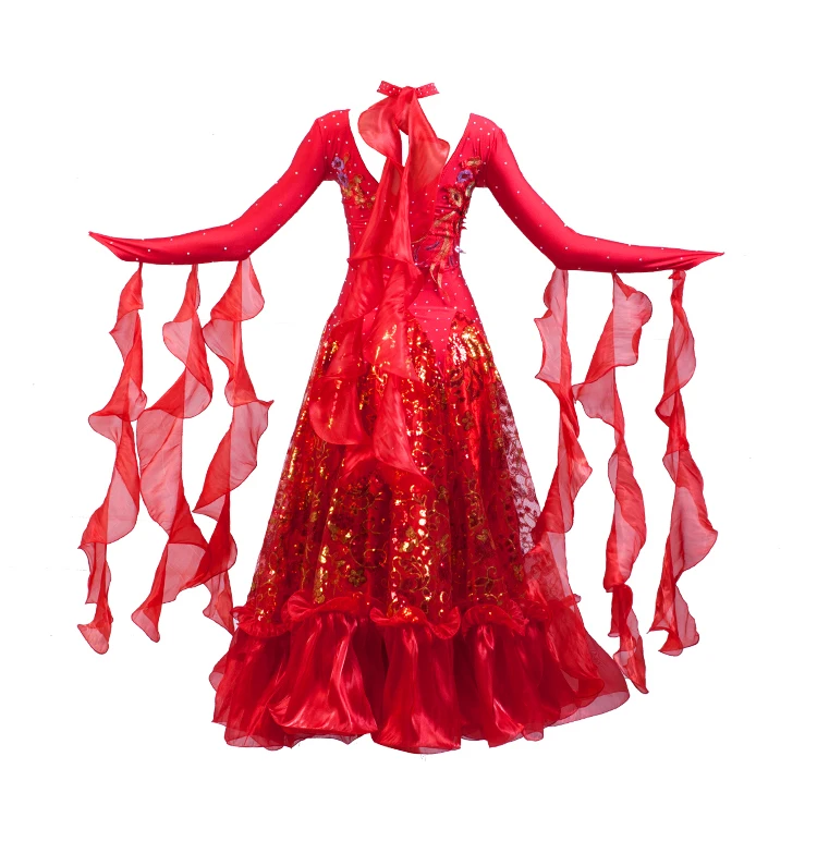 2018新しい王室勒赤いグリーンローズ新しいスタイル社交スタンダードダンスドレスワルツ競争ドレスレディ社交ダンスドレス