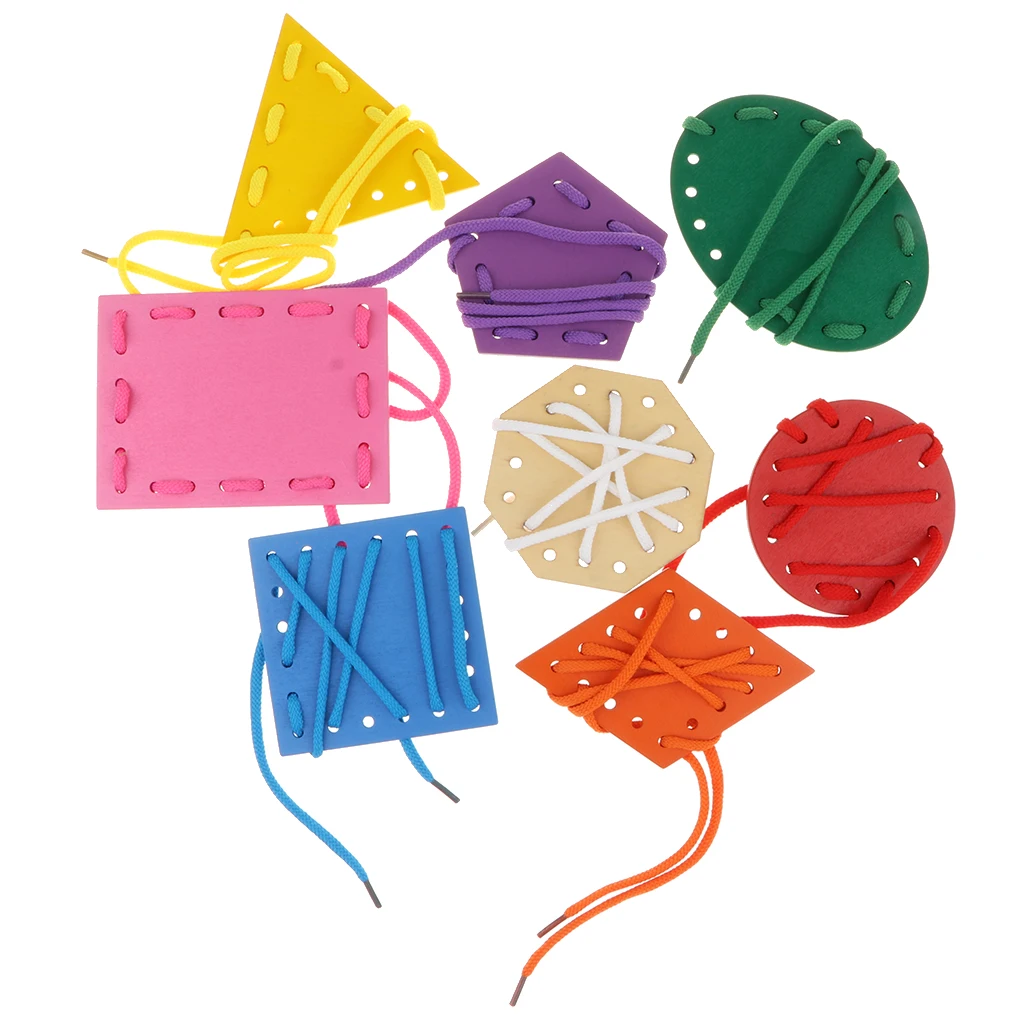 8 PCS Bright color design Wooden Geometry Threading Board Lacing Game Kids Cognition Toy 1 Set Geometry Threading Boards Toy