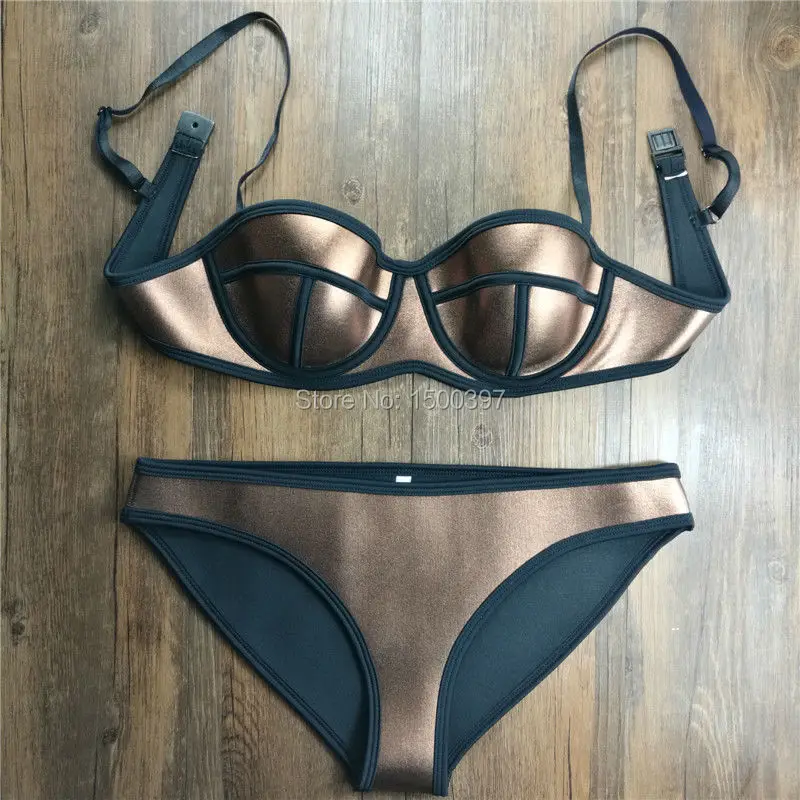 

2017 Retro Brown Color Push Up Neoprene Bikini Set Biquini High Quality 100% Neoprene Triangle Swimwear Brand Swimsuit XS-XL