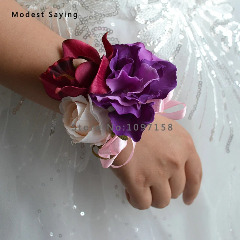 Модные фиолетовые искусственные розы для свадьбы свадебные наручные корсажи 2017 невесты сестры цветы Свадебная вечеринка Аксессуары