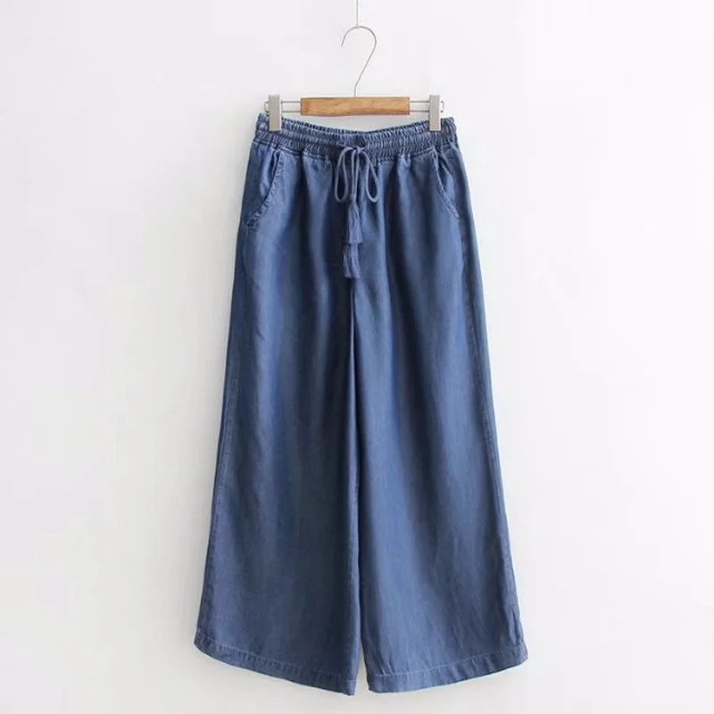 Fashion Women's Cotton Elastic Waist Wide Leg Pants 2018