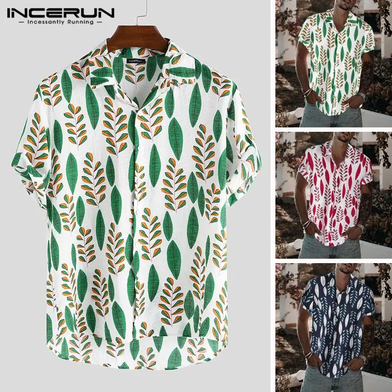 

INCERUN Summer Men's Short Sleeve Leaf Print Street Costume Lapel 2020 Men's Shirt Loose Hawaiian Wind Fashion Street Chic Shirt