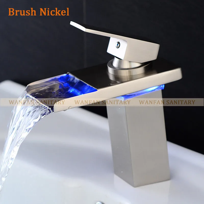 Смеситель для раковины светодиодный светильник водопад кран для ванной комнаты Torneira светодиодный хромированный кран на бортике смеситель для раковины LH-16808 - Цвет: Brush Nickel