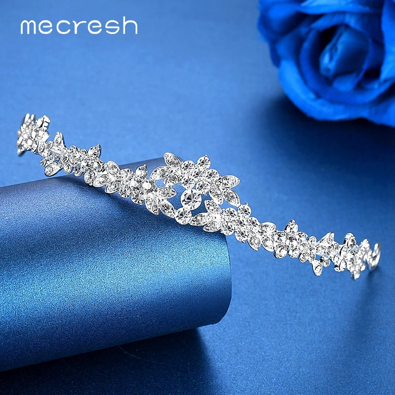 Mecresh Hot Selling Rhinestone Bridal Crown Tiara Leaf Crystal Bridesmaid Wedding Hair Accessories Engagement Jewelry Gift HG001