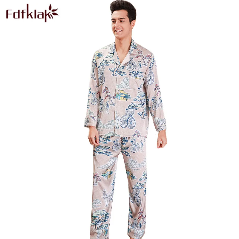 

Fdfklak Large size men's pajamas set long sleeve silk sleepwear pijamas male nightwear pyjamas men print spring summer pajama