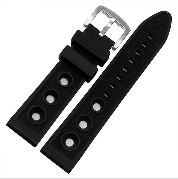 22mm 24mm Black Watchband Bracelet Waterproof Diving Silicone Rubber