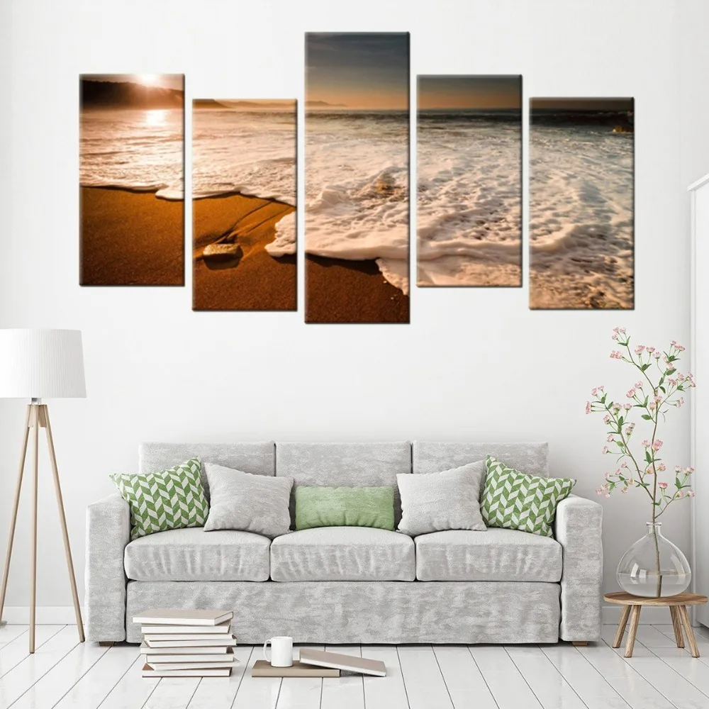 Canvas Painting Modern Home Decor Room Wall Art 5 Pieces Beach Sunrise Sea Wave Seascape Modular Pictures HD Prints Poster Frame