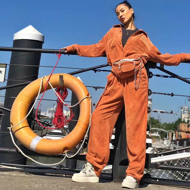 Retro Corduroy Rompers Women Single Breasted Jumpsuit Cargo Wide Legs Overalls with the Belt Bags Casual One-piece Suits Romper