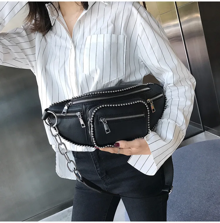 LJT Luxury Design Women PU Leather Waist Bag Female Rivet Casual Fanny Packs Belt Bag Handbag and Purse Female Mini Chest Bags