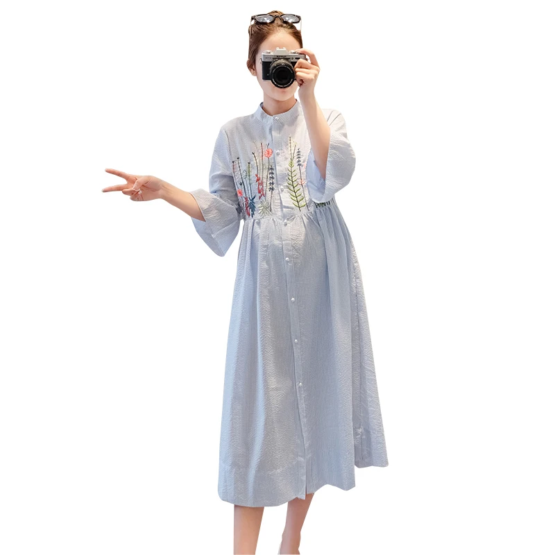 

Summer Embroidery Cotton Linen Nursing Clothes Half-sleeved Maternity Dress for Pregnant Women Breast Feeding Long Dresses C201