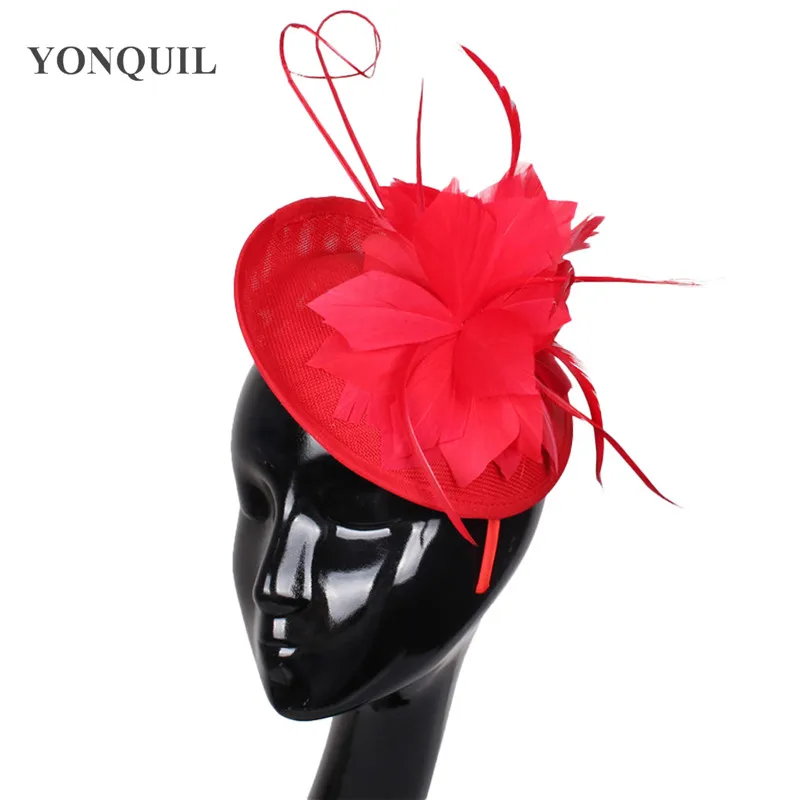 

red feather imitation sinamay fascinators hat cocktail hats wedding church headpieces Derby hair accessories NEW ARRIVAL 22color