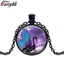 Blue Dragon black chain Necklace glass dome pendant necklace Jewelry Long Dragon Necklace Fantasy winged Dragon
