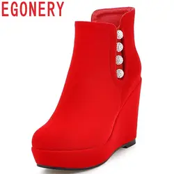 EGONERY/Бесплатная доставка из флока женская обувь с круглым носком новые зимние теплые снаружи очень высокие туфли на танкетке на платформе