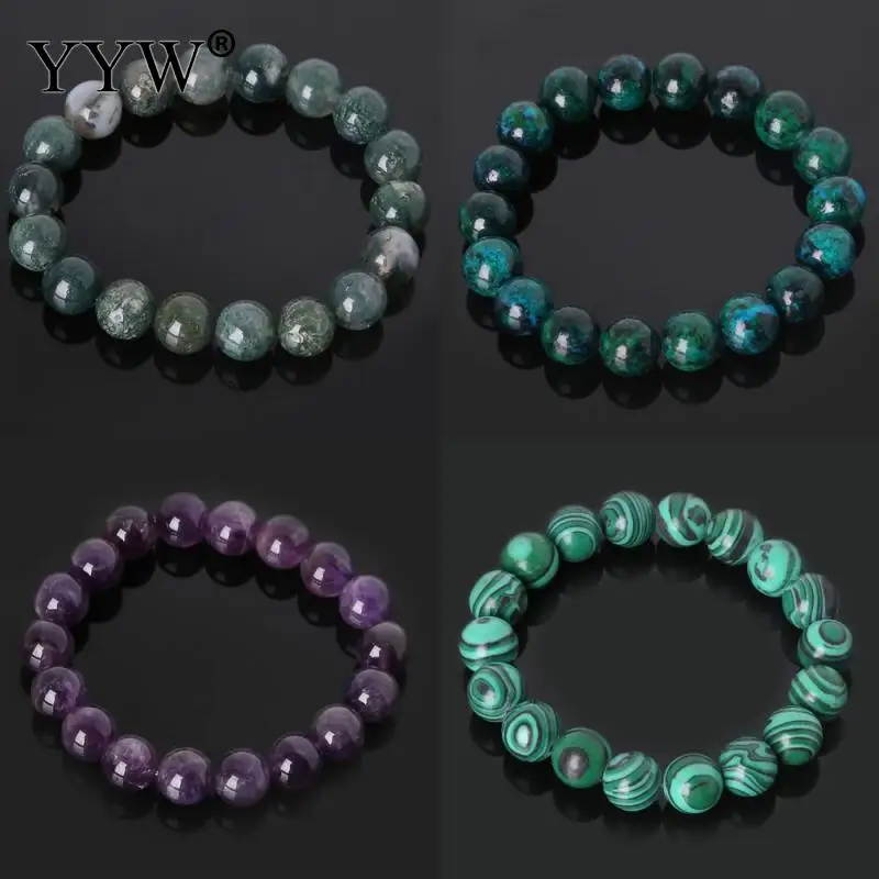

YYW Natural Stone Bracelets 6/8/10mm Round Beaded Amethysts Quartz Malachite Lapis Lazuli Rainbow Rose Stone Wristband Bracelets