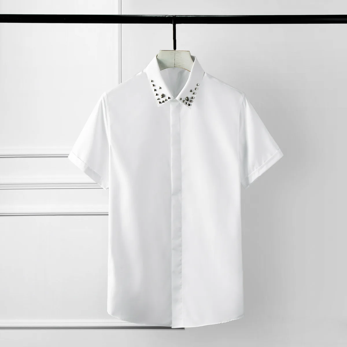 Summer Mens Shirts Luxury Skull Rivet Solid Color Short Sleeve Dress Plus Size 4xl Party Night Club Slim Shirt Man | Мужская одежда