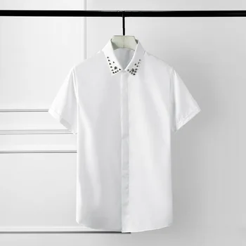 

Summer Mens Shirts Luxury Skull Rivet Solid Color Short Sleeve Mens Dress Shirts Plus Size 4xl Party Night Club Slim Shirt Man