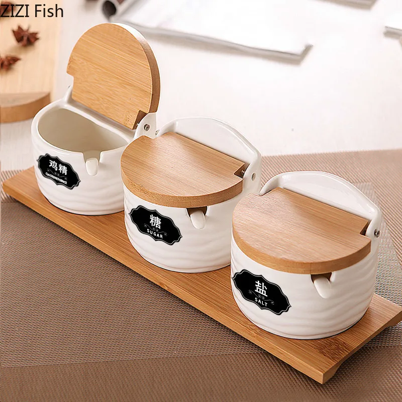 

Japanese-style Ceramics Spice Jar Suit Seasoning Box Three-piece Suit Kitchen Storage with Lid with Spoon