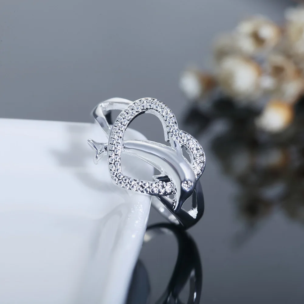 Красивое серебряное кольцо в виде дельфина с сердечком и листьями, популярное, милое, благородное, симпатичное, модное, свадебное, серебряное, женское, дамское кольцо, ювелирное изделие R708
